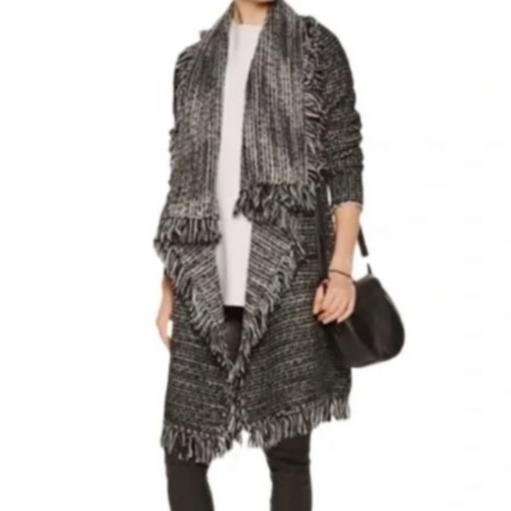 Vince Wool Boucle Textured Frayed Edge Draped Cardigan